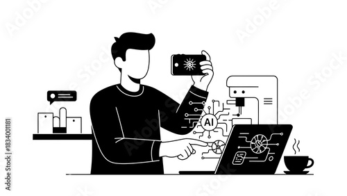 Man interacting with ai technology and smart devices