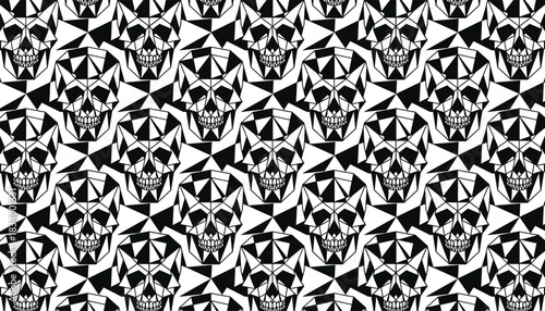 Seamless Black and White Geometric Low Poly Skull Pattern Background