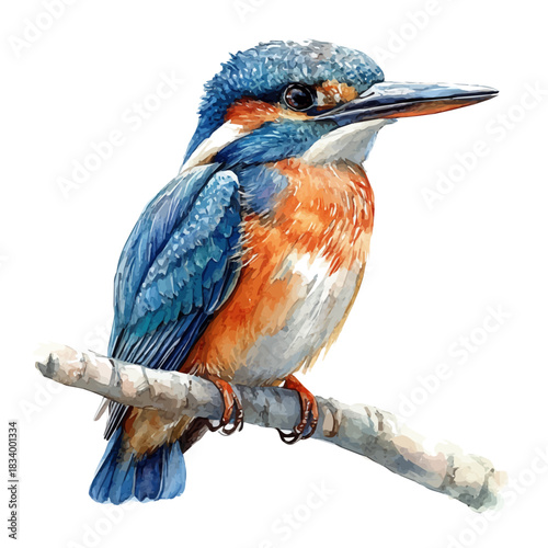 Kingfisher, detailed watercolor clipart vector, isolated on a pure white background.