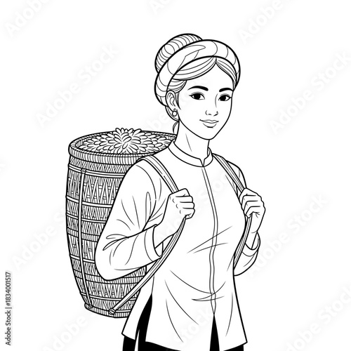 Traditional Vietnamese Woman Carrying a Harvest Basket Load on Her Shoulder