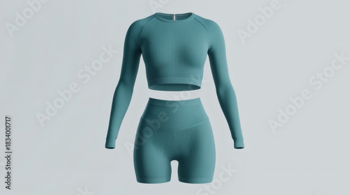Seamless Teal Ribbed Activewear Set Mockup: Long Sleeve Crop Top and High-Waisted Shorts