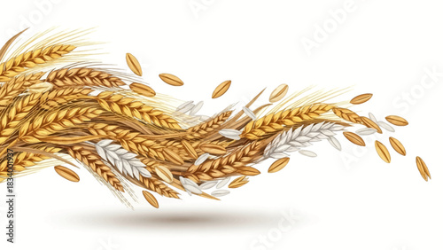 Wheat and grain stalks with floating kernels against a white background