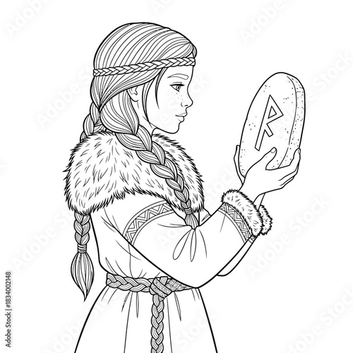 Mysterious Woman Holding a Rune Stone Representing Ancient Divination and Magic