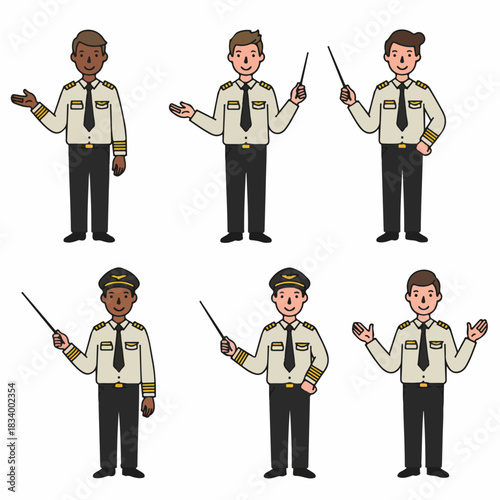Cartoon male airline pilots character set in uniform, standing and presenting with pointer sticks or welcoming gestures, isolated vector illustration bundle.