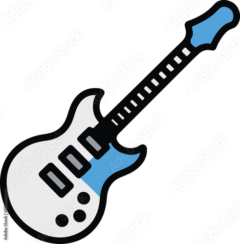Electric guitar vector illustration with white body and blue accents isolated on a black background