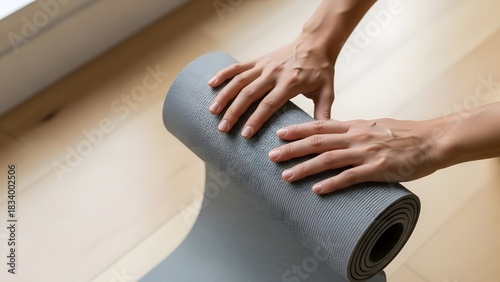 Hands rolling up a minimal yoga mat on a clean interior floor.