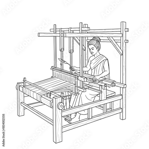 Traditional Woman Weaving Fabric on an Authentic Cultural Loom Illustration