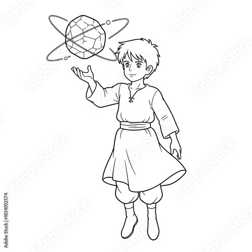 Young Boy Character Conjuring a Glowing Celestial Body With Magic Power