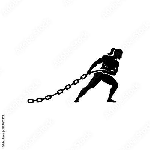strong woman pulling heavy chain silhouette
