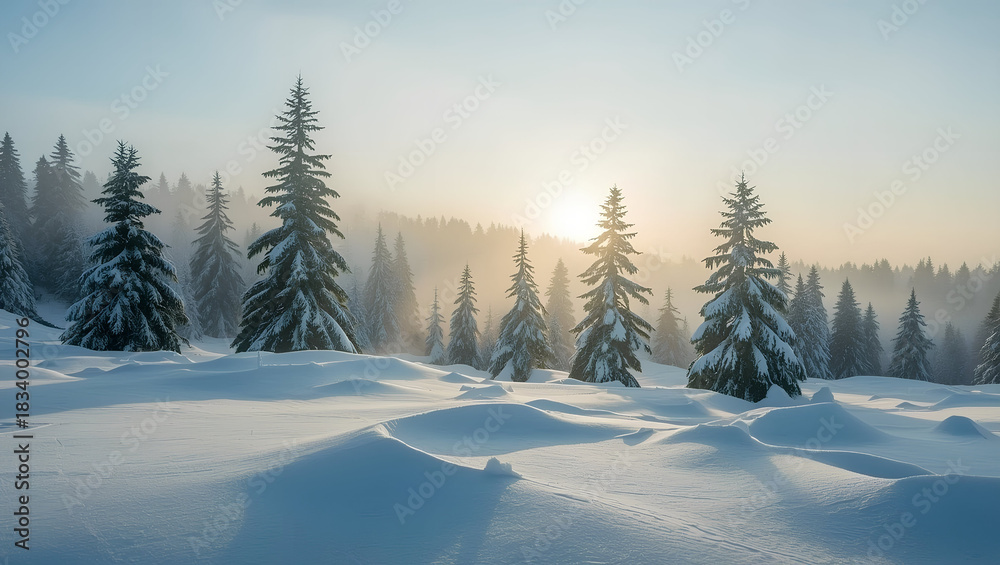 Obraz premium Sunrise Over Snowdrifts and Pine Forest – Winter Landscape, Frosty winter morning with sunlight streaming through snowy evergreen trees and rolling drifts. Peaceful nature background