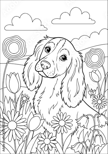 A spaniel dog in a blooming meadow. coloring book