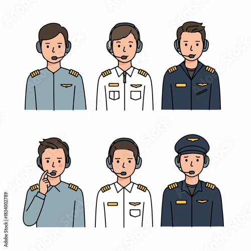 Vector icon set of male airline pilots and aviation crew wearing professional uniforms and communication headsets.