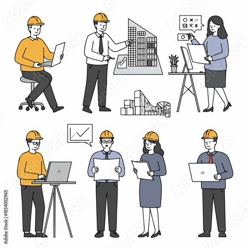 Architectural and Engineering Team Working on Construction Projects: Set of Hand-Drawn Illustrations with Hard Hats, Blueprints, and Building Models.