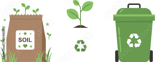 Organic soil compost and recycling bins vector illustration showing plant growth and eco friendly waste management