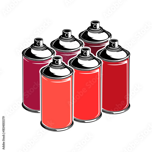 Black spray paint cans with red tones without background.