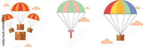 Parachute delivery vector illustration set showing gift and cardboard boxes descending from sky with colorful canopies