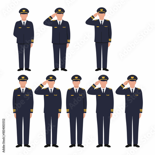 Vector illustration set of male airline pilots in uniform standing in various poses, including saluting and standing at attention, representing aviation professionals.
