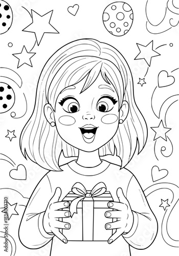 the girl's surprise and delight at receiving a gift. coloring book