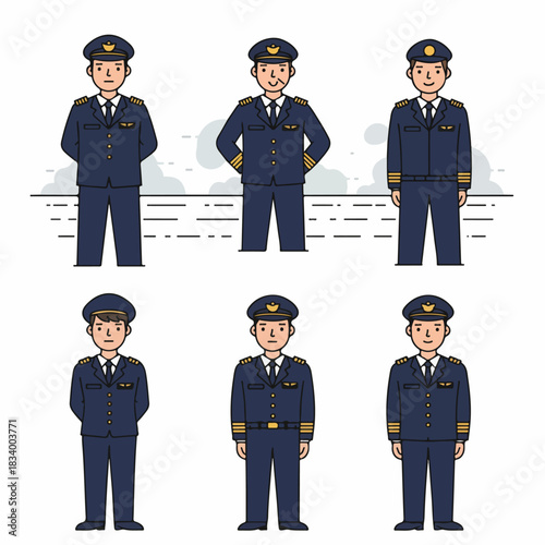 Set of Six Cartoon Male Pilots or Airline Captains in Navy Uniforms, Standing Full-Body Vector Illustration Collection on White.