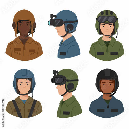 Diversity of military aircrew and pilot avatars wearing various flight helmets, including night vision goggles, flat vector illustration set.