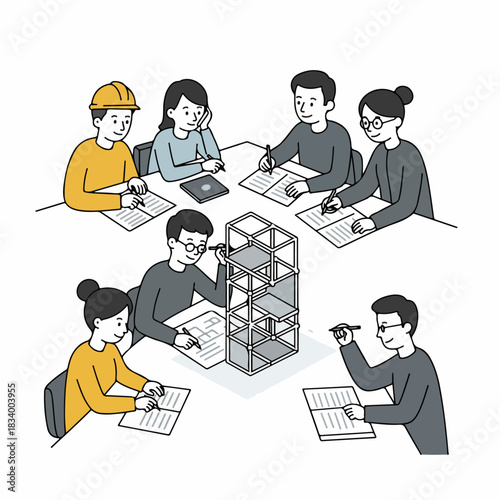A team of architects and engineers collaborating on an architectural model and taking notes during a professional design meeting.