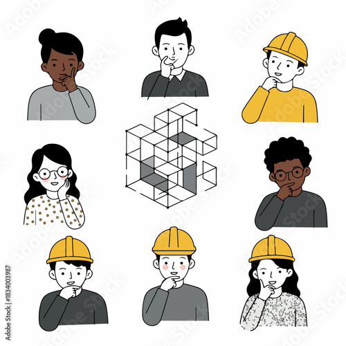 Diverse team of engineers and professionals contemplating a complex isometric 3D structure, symbolizing collaboration, problem-solving, and architectural planning.