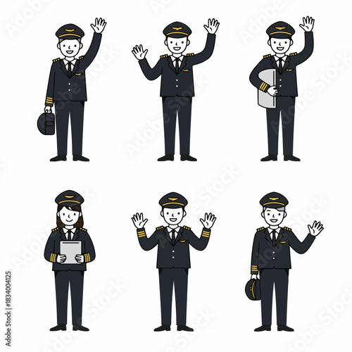 Six cartoon illustrations of male and female pilots in uniform waving and smiling, representing aviation careers and air travel staff collection.