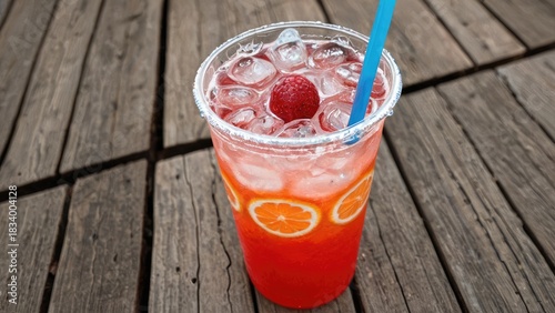 A close-up shot of a drink placed on a wooden table