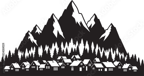 Mountain village silhouette with snow capped peaks and pine trees Keywords: mountain, village
