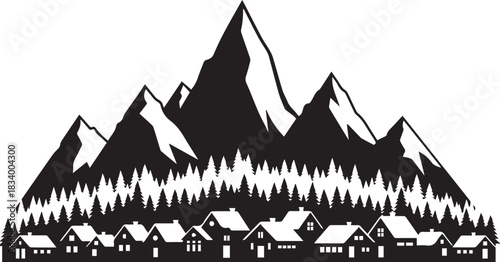 Silhouette of mountain range with village and pine forest