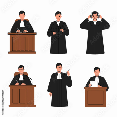 Set of six flat illustrations showing a male judge or lawyer in a black judicial robe performing various actions like writing, speaking, and listening.