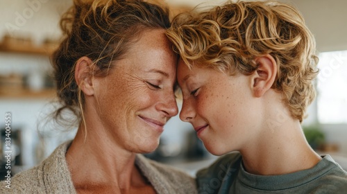 A mother and son stand close in a kitchen. They touch foreheads with eyes closed, smiling at each other. The room has natural light and soft tones, creating a warm atmosphere