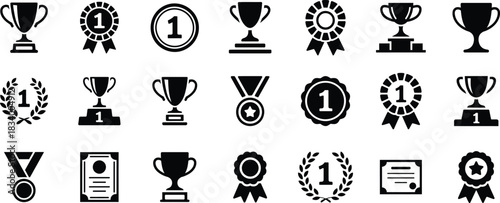 Collection of Black and White Achievement Icons Symbolizing Victory and Recognition with Trophies Medals and Awards