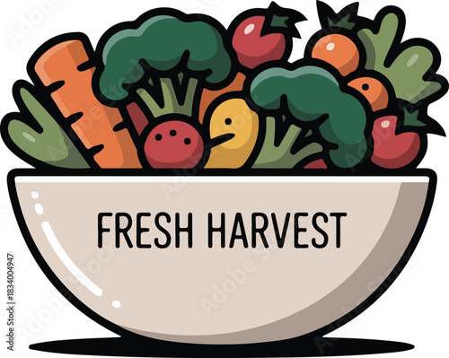 Fresh harvest vector image of a bowl overflowing with healthy organic vegetables like carrots and broccoli