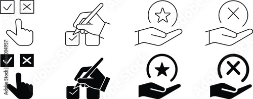 Vote and feedback icon set featuring ballot, rating, review, survey, approval, opinion, poll, and communication symbols for decision-making