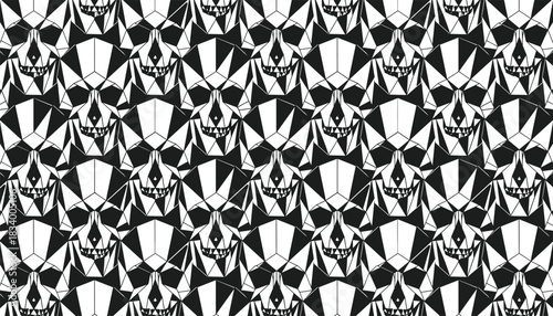 Seamless Black and White Geometric Low Poly Skull Pattern Background