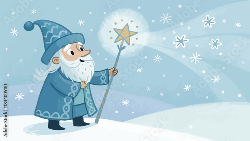 Magical winter wizard casting spells with star wand, creating snowy wonderland of childhood fantasy