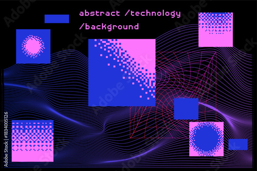 Retro-futuristic vector background fusing wavy neon lines with scattered pixelated geometric shapes and dithered squares in electric blue and hot pink on black. Bold Y2K cyber-tech aesthetic.