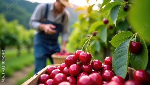 A person collecting fruit from a tree, suitable for use in a lifestyle or still life context