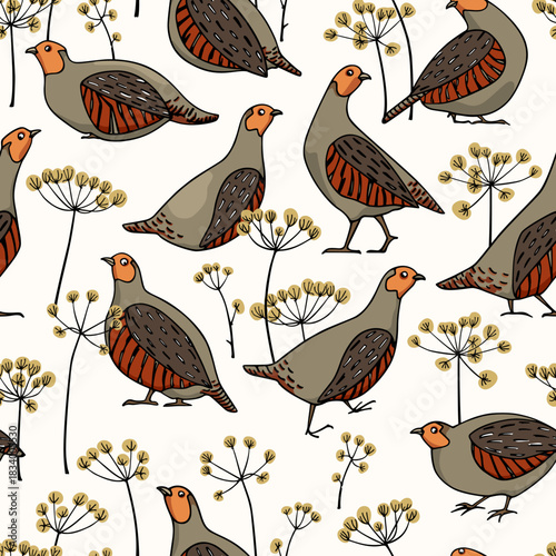 Vector seamless pattern with hand drawn flock of  cute Grey Partridges in blooming flowers. Beautiful illustration, ink drawing. Perfect for prints and patterns