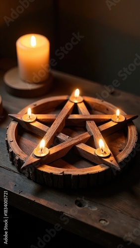 A wooden pentagram sits next to a lit candle on a table, perfect for occult or mystical settings