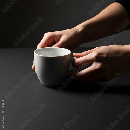 Hands placing a white ceramic cup on a matte black table, high-contrast minimal style.