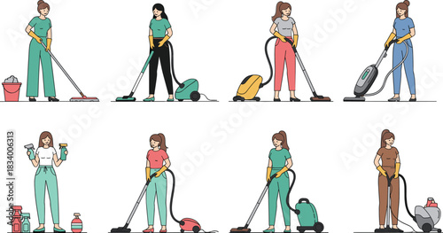 Set of women cleaning floors vector illustration collection showing vacuuming mopping and household cleaning activities