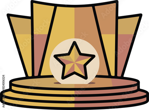 Golden award stage vector with spotlight and star emblem representing achievement and recognition