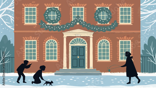 Festive winter scene shows children playing in front of decorated house during snowy holiday season