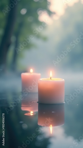Two lit candles sitting on a table with a warm glow