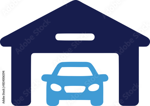 Iconic Blue Car Inside a Dark Blue Garage Illustration for Automotive Themes and Home Concepts