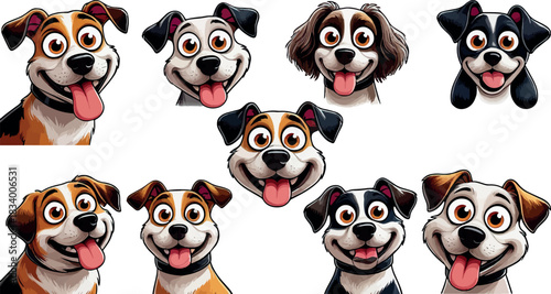 Set of Nine Happy Cartoon Dog Heads with Big Eyes and Tongues Out, Cute Puppy Character Collection