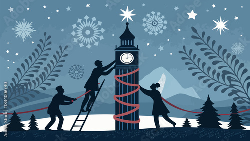 Team decorates Big Ben for a festive holiday celebration with trees, snowflakes, and a bright shining star