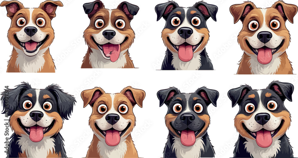 Obraz premium Set of 8 Happy Cartoon Dog Faces. Cute Vector Puppy Heads Collection with Smiling Expressions.